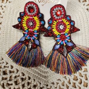 Viola Colorful Beaded Tassel Earrings, NWT
